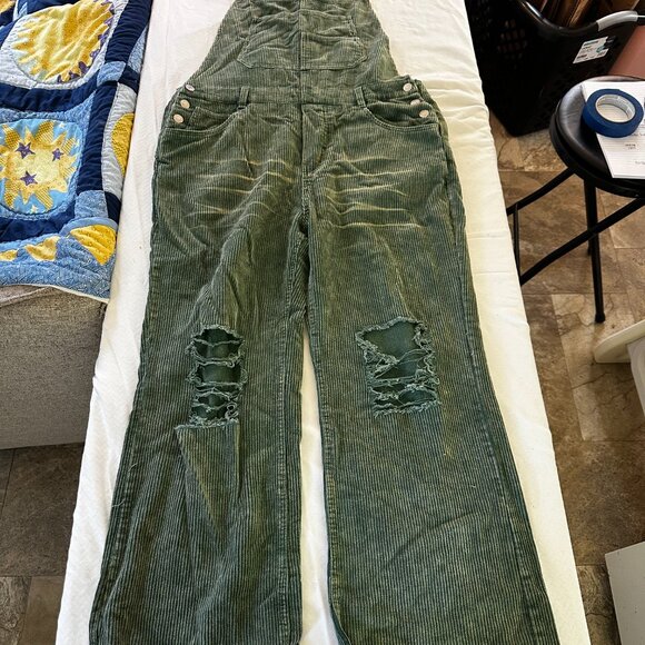 BiBi Women’s Corduroy Bib Overalls Size L Green Wide-Leg Distressed-A182 - Picture 7 of 11